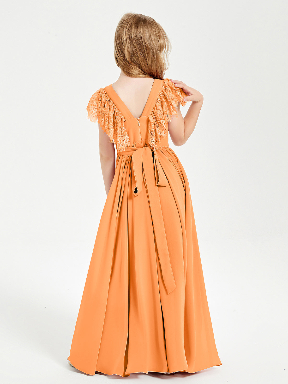 Chiffon Junior Bridesmaid Dresses with Lace Flutter Sleeves Orange